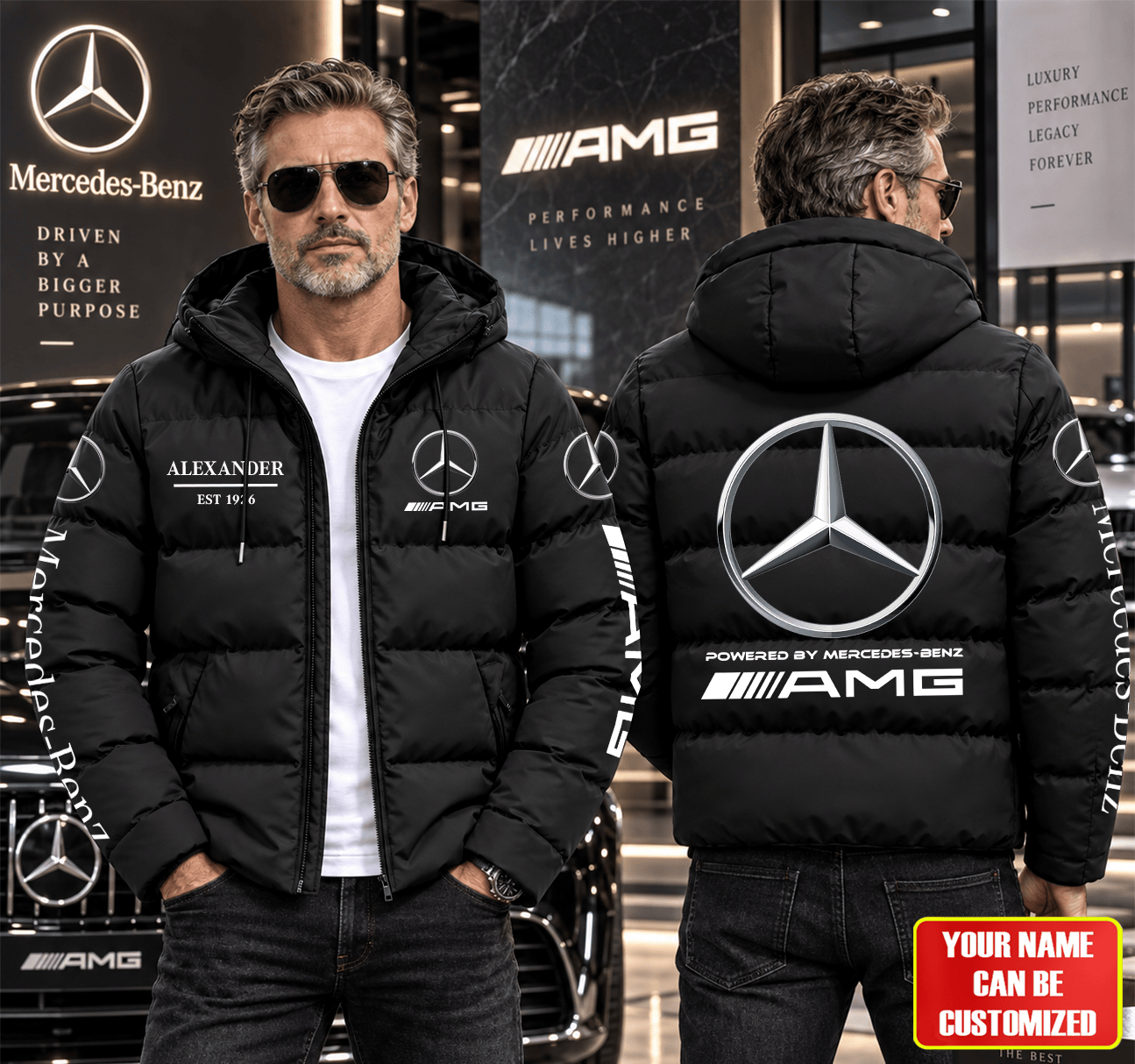 Personalized Merc AMG EST 1926 Puffer Jacket With Hood Gifts For Car Lovers Personalized Merc AMG EST 1926 Puffer Jacket With Hood Gifts For Car Lovers
