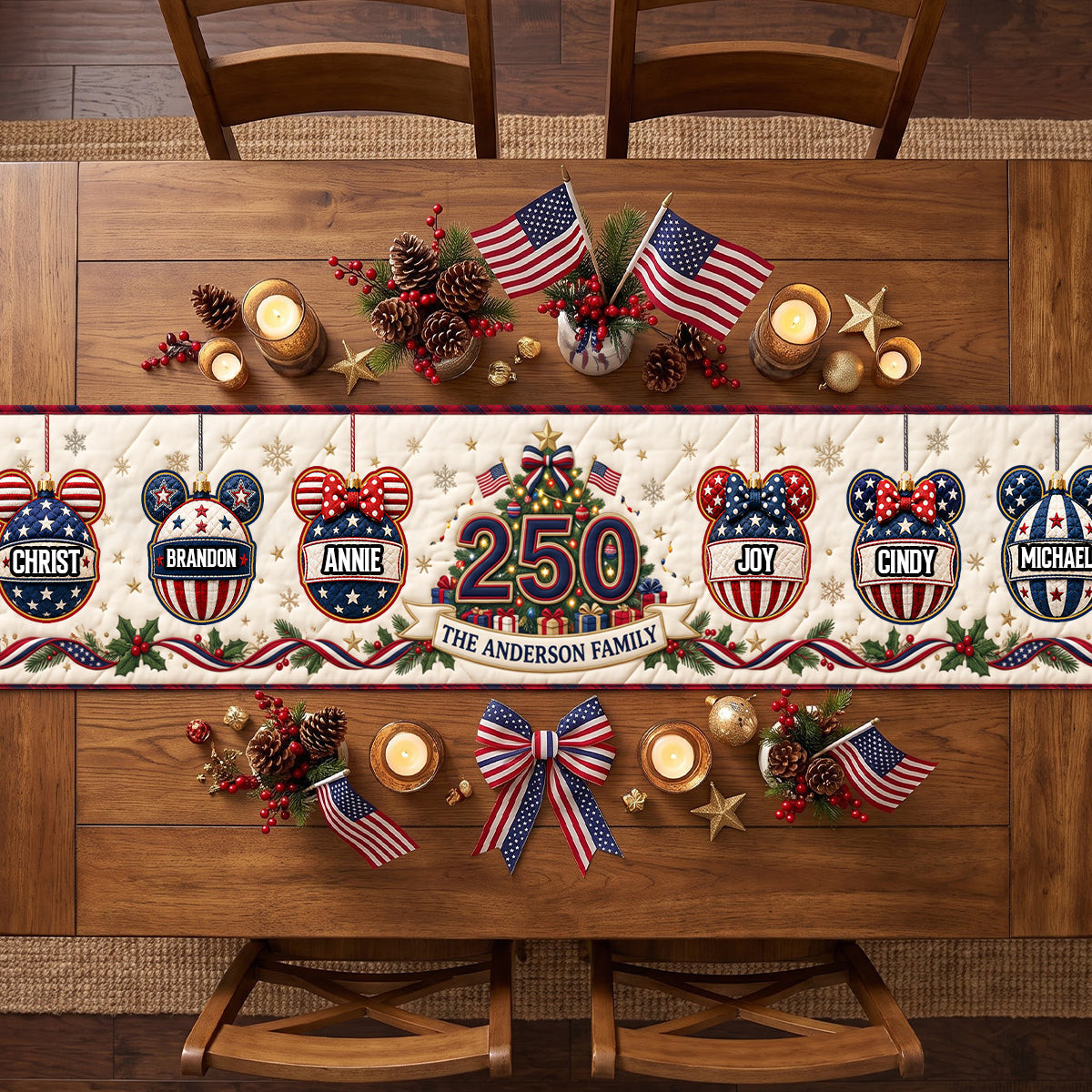Personalized Mickey Mouse Christmas Family Bubble Quilted Table Runner Xmas Gifts For Family