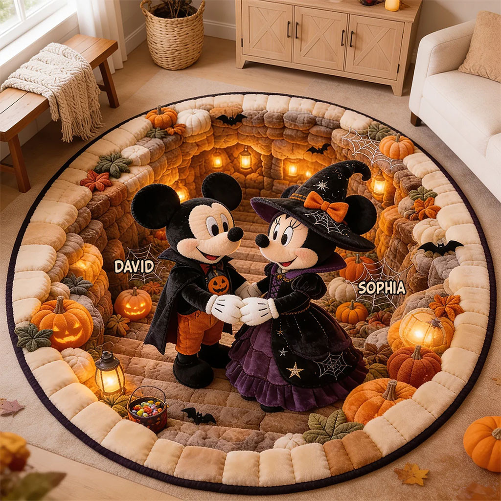 Personalized Mickey Mouse Couple Quilted Round Mat Halloween Themed Home Decor Family Gifts