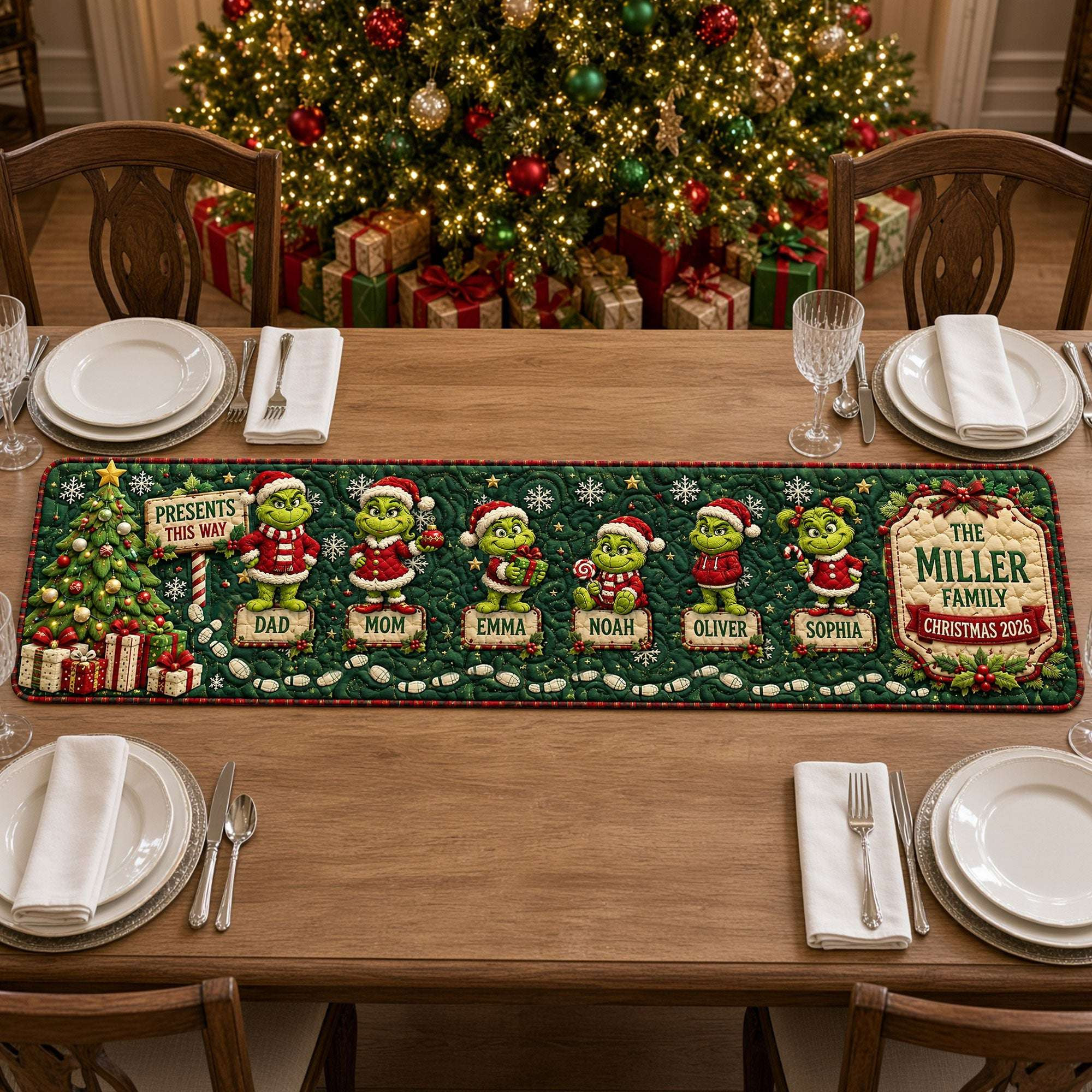Personalized Mischievous Family Quilted Table Runner Grinch Decorations For Christmas