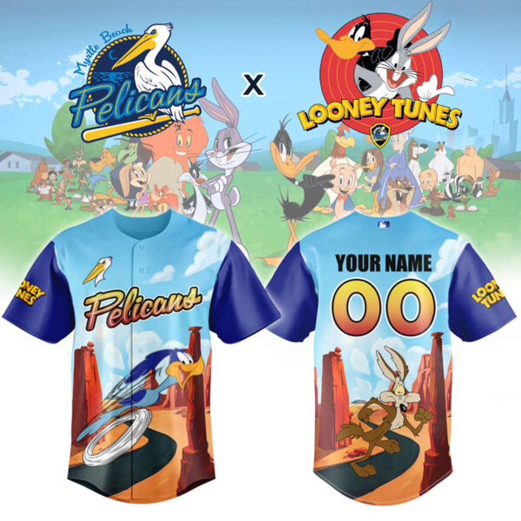 Personalized Myrtle Beach Pelicans X Looney Tunes Baseball Jersey Pelicans Merch Fan Gifts Personalized Myrtle Beach Pelicans X Looney Tunes Baseball Jersey Pelicans Merch Fan Gifts