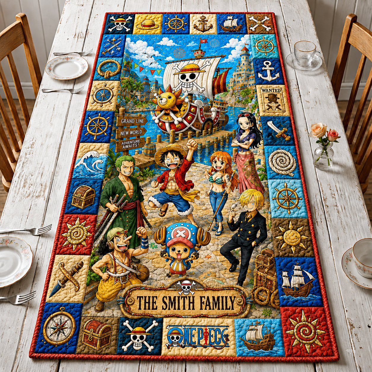 Personalized One Piece Pirates Crew Quilted Table Runner One Piece Merch Anime Lover Gifts
