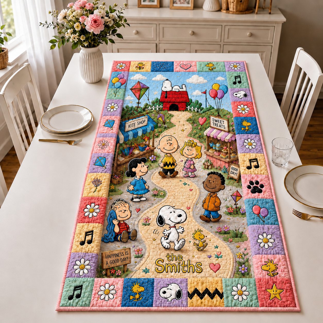 Personalized Peanuts Happy Comic Friends Quilted Table Runner Cute Home Decor BFF Gifts