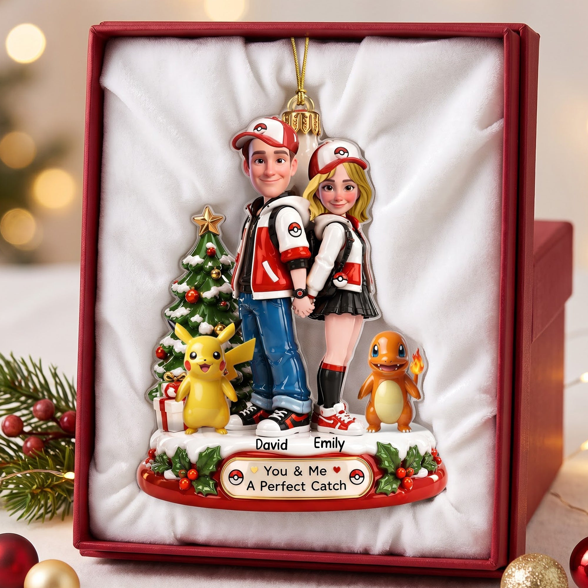 Personalized Pokemon Christmas Ornament Couple A Perfect Catch Pikachu Merch Gifts For Fans