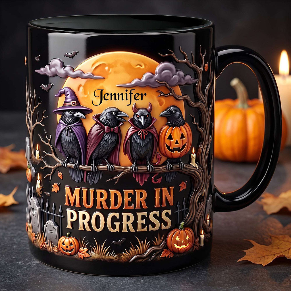 Personalized Raven Murder In Progress Mug Spooky Season Coffee Cup Halloween Gifts Ideas