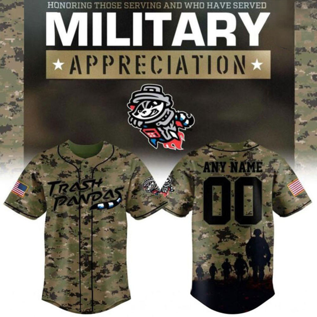 Personalized Rocket City Trash Pandas X Military Appreciation Camo Baseball Jersey Fan Merch Personalized Rocket City Trash Pandas X Military Appreciation Camo Baseball Jersey Fan Merch
