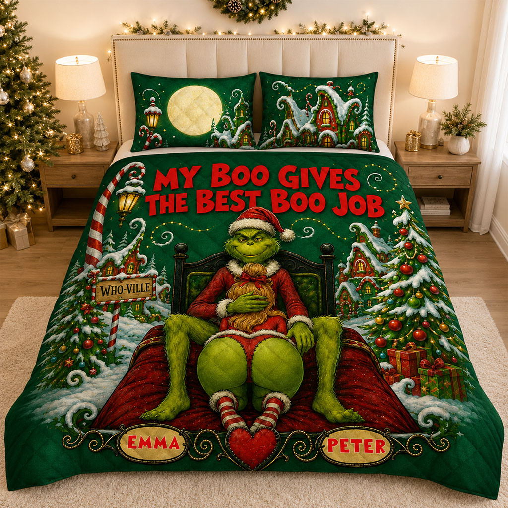 Personalized The Grinch Funny Christmas Green Creepy Monster Quilt Bedding Set Xmas Home Decor