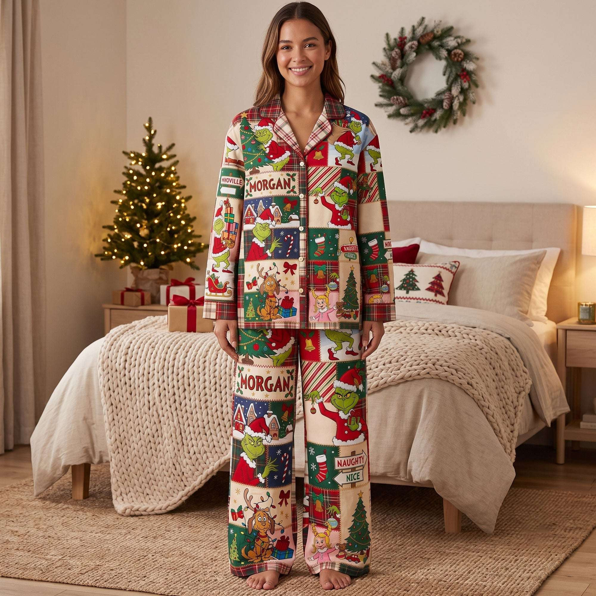 Personalized The Grinch Lovable Christmas Pajama Set Holiday Apparel Xmas Gift For Her Personalized The Grinch Lovable Christmas Pajama Set Holiday Apparel Xmas Gift For Her