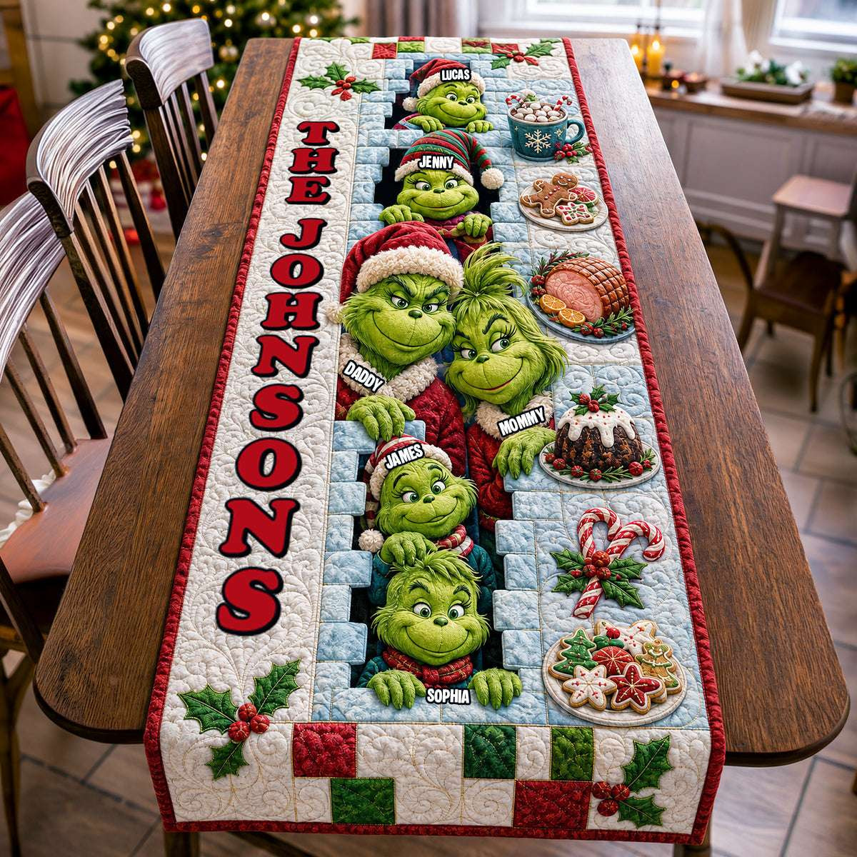 Personalized The Grinch Playful Family Quilted Table Runner Xmas Table Decor Gifts For Family