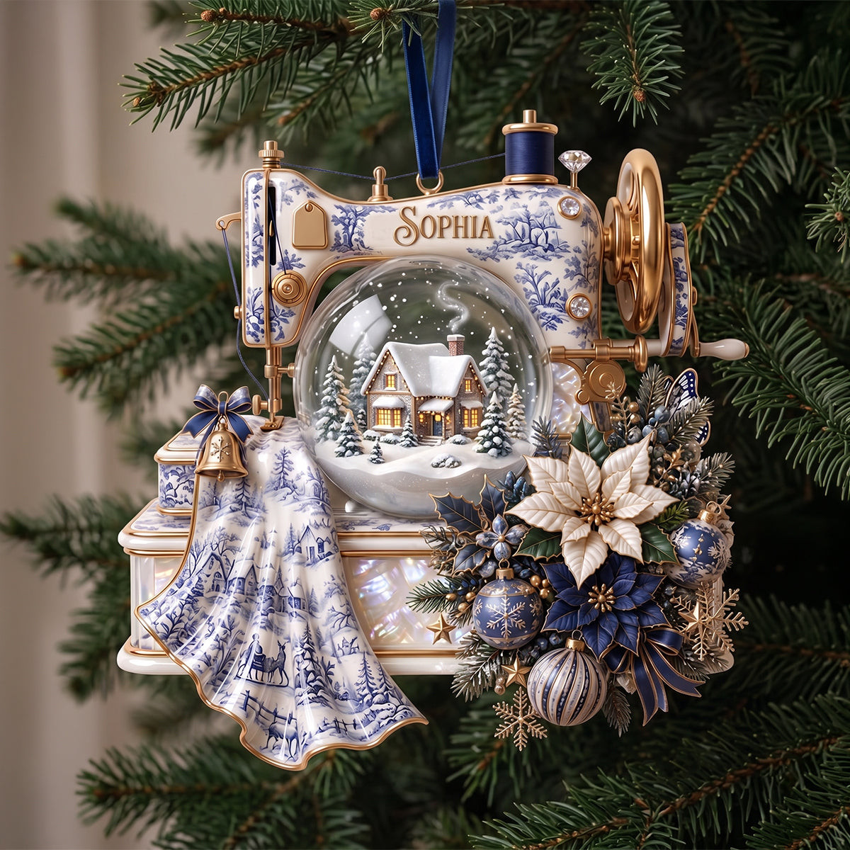 Personalized Toile de Jouy Christmas Sewing Ornament Holiday Decor Gifts For Sewing Lovers