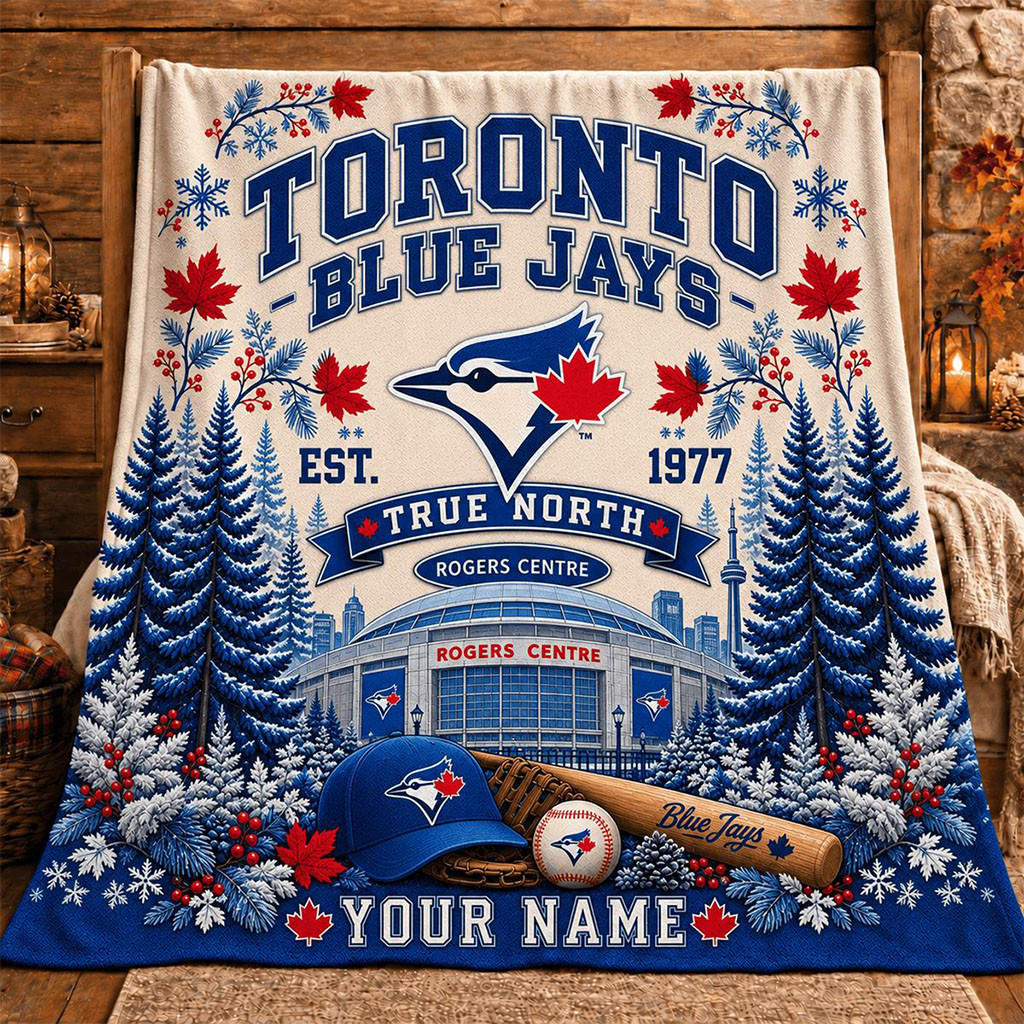 Personalized Toronto Blue Jays True North New Christmas Blanket Blue Jays Merch Gift For Fans