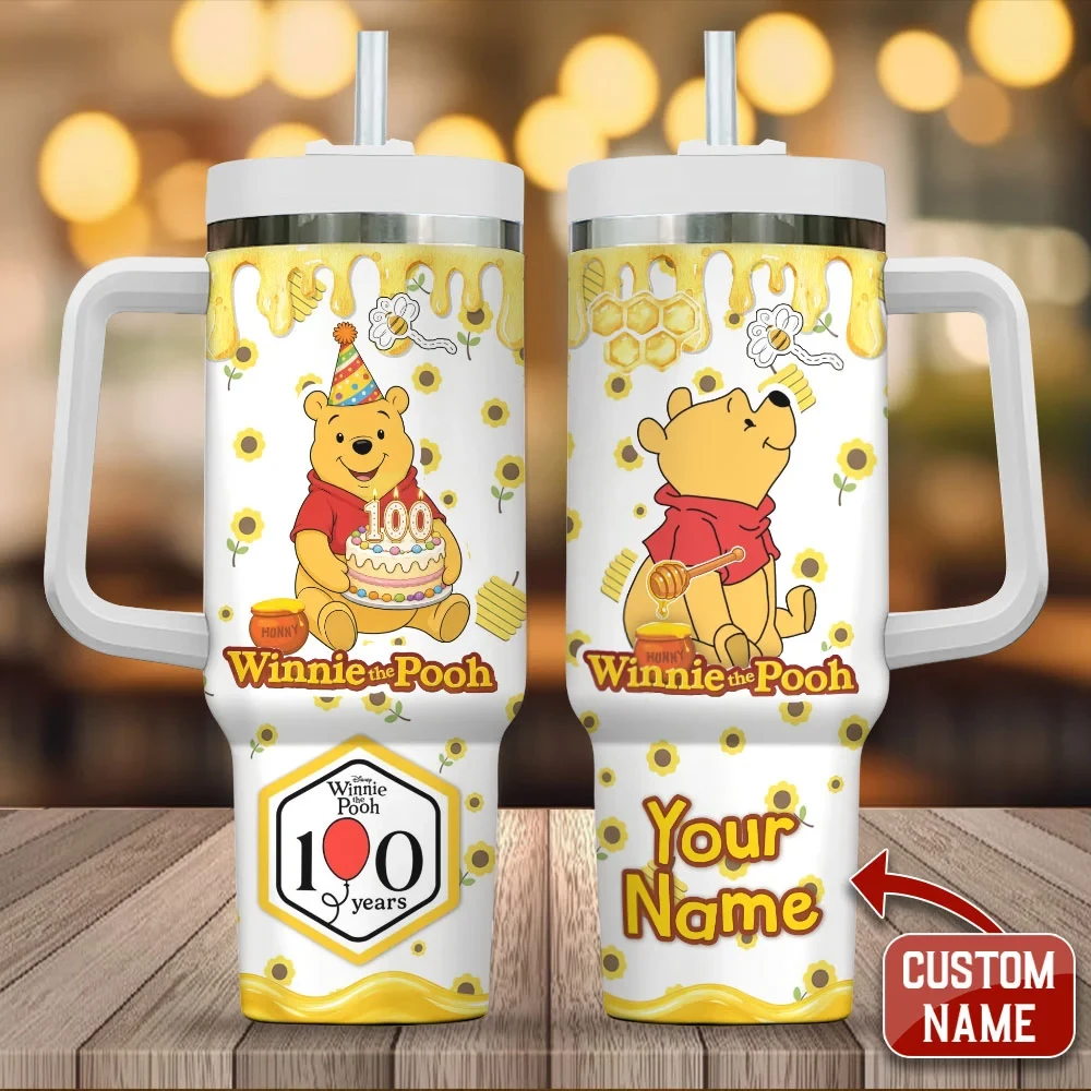 Personalized Winnie The Pooh 100th Anniversary Tumbler Pooh Bear 100 Years Travel Cup Fan Gift