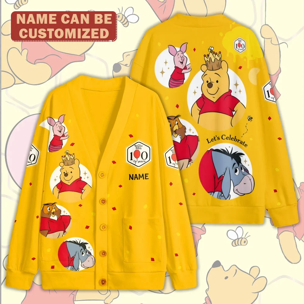 Personalized Winnie-the-Pooh 100th Anniversary V-neck Cardigan Pooh Bear 100 Years Apparel