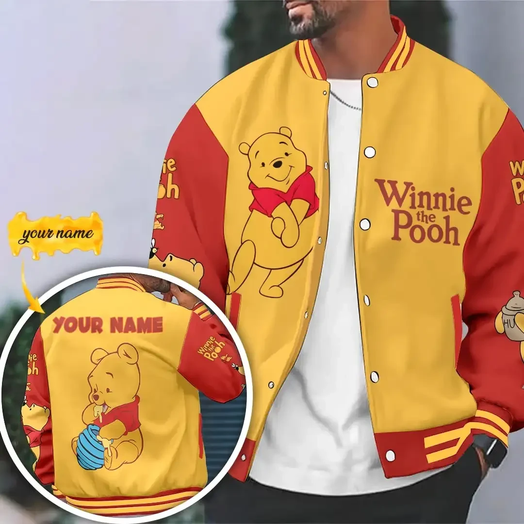 Personalized Winnie The Pooh Varsity Jacket Cute Cartoon Apparel Gifts For Winnie The Pooh Fan Personalized Winnie The Pooh Varsity Jacket Cute Cartoon Apparel Gifts For Winnie The Pooh Fan