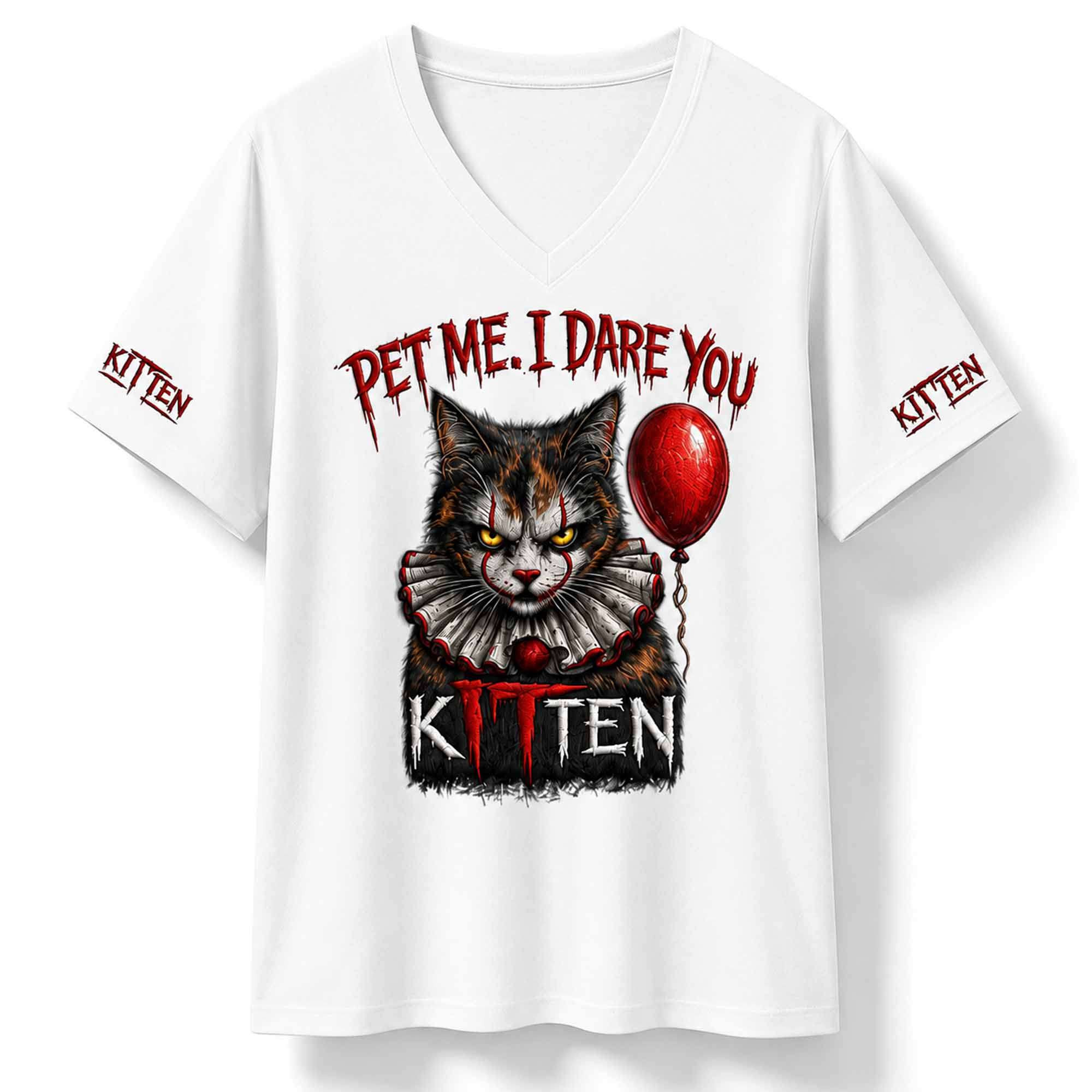 Pet Me I Dare You Creepy Kitten Halloween V-Neck Shirt Funny Clothing Gift For Cat Lovers