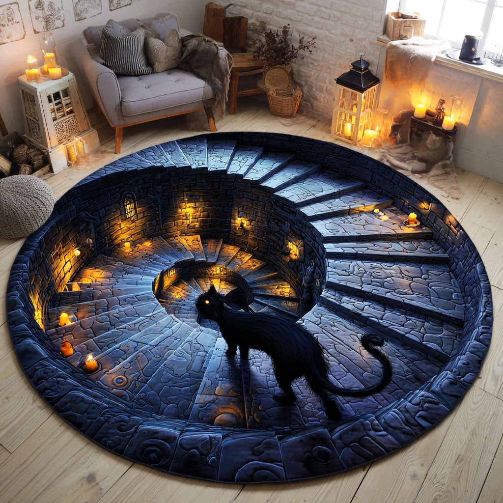 Phantom Cat Stairs Quilted Round Mat Spooky Home Decor Black Cat Mom Gifts Phantom Cat Stairs Quilted Round Mat Spooky Home Decor Black Cat Mom Gifts