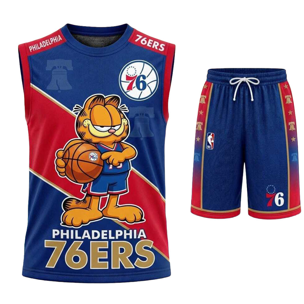 Philadelphia 76ers Garfield Basketball Muscle Tank And Shorts 76ers Merch Gifts For Basketball Fan