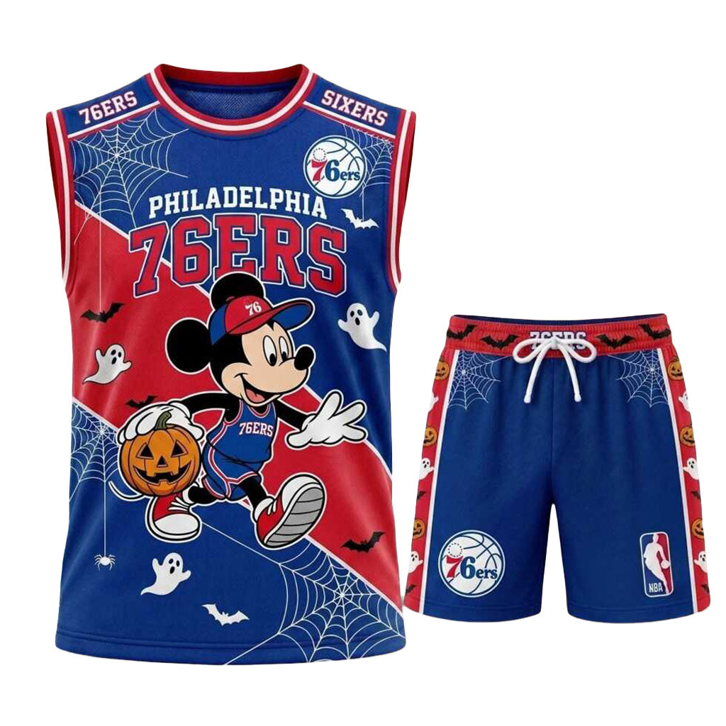 Philadelphia 76ers Mickey Mouse Halloween Basketball Muscle Tank And Shorts 76ers Merch Gifts