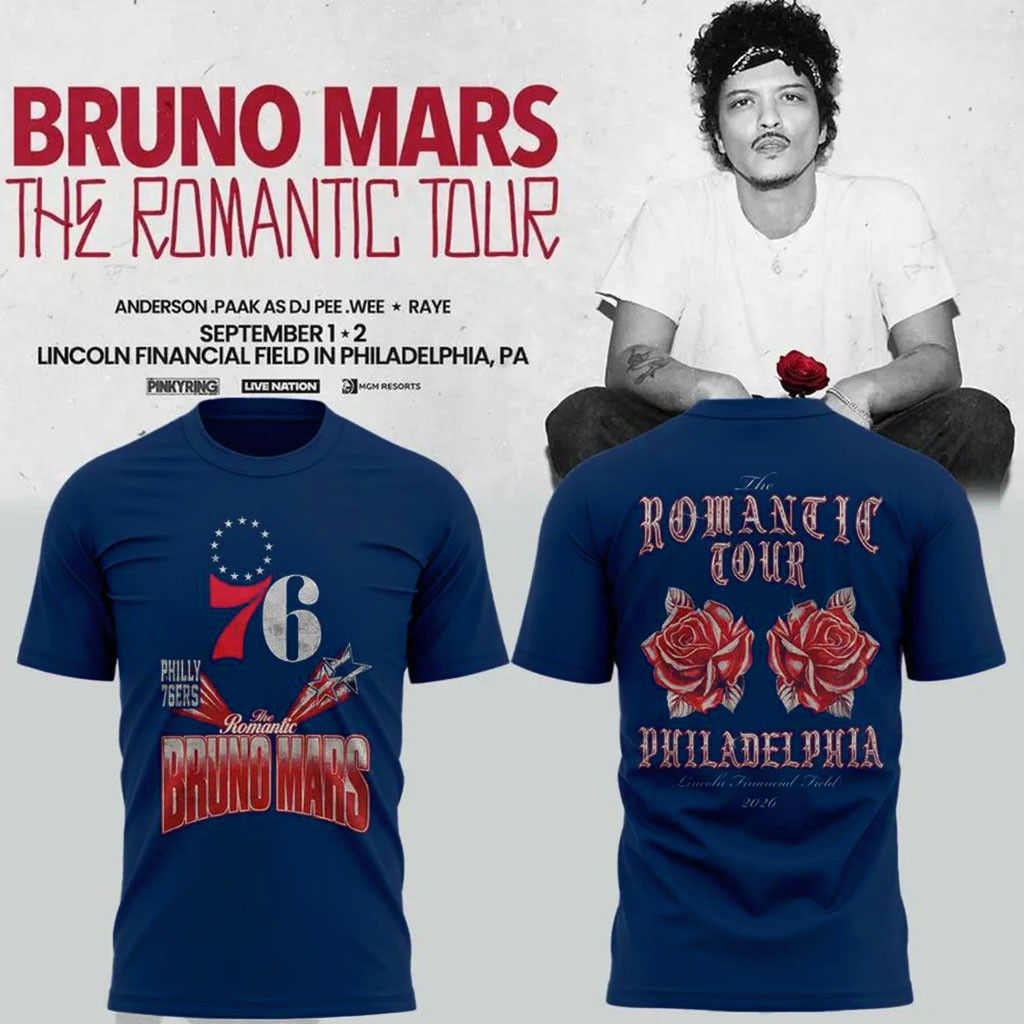 Philadelphia 76ers x Bruno Mars The Romantic Tour Concert 2026 T-Shirt 76ers Merch Fans Gifts