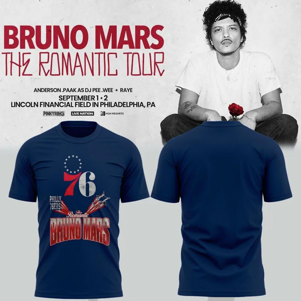 Philadelphia 76ers x Bruno Mars The Romantic Tour Concert 2026 T-Shirt Philadelphia 76ers Merch