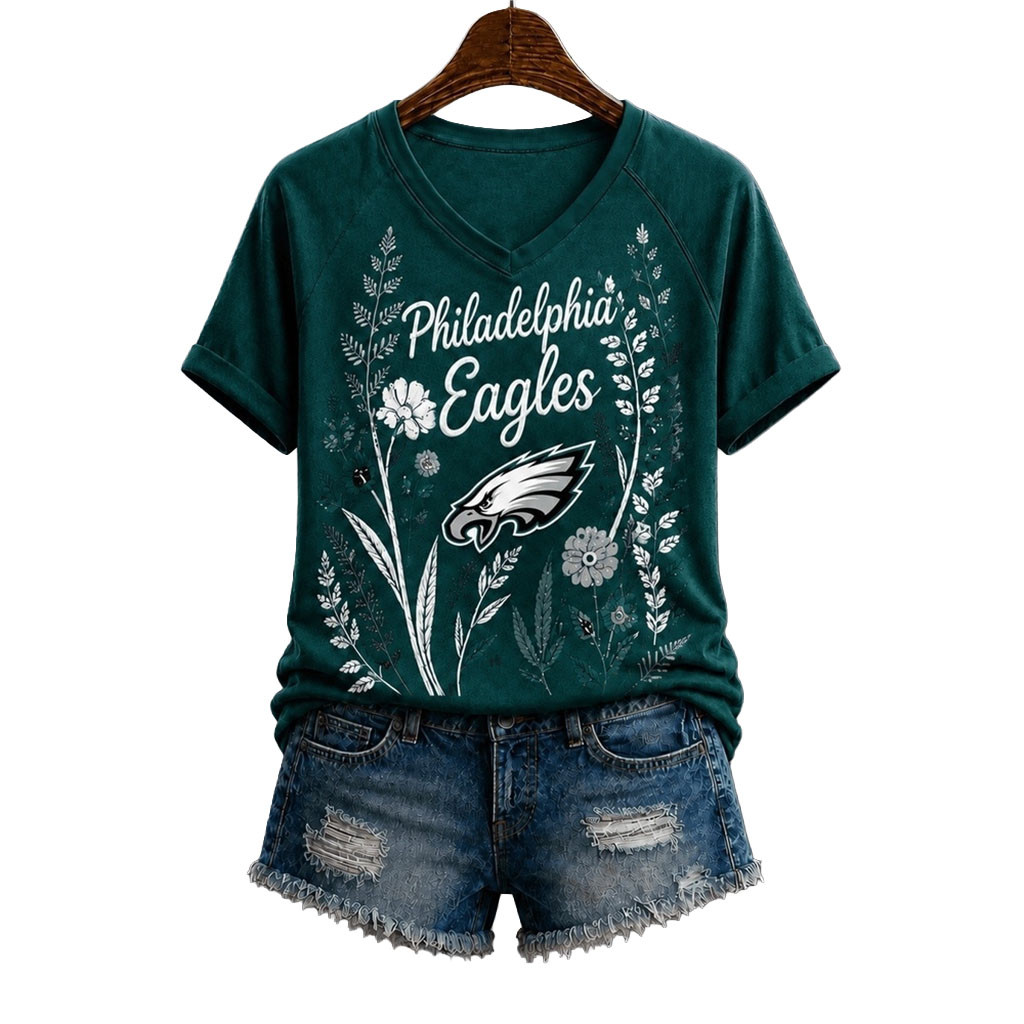 Philadelphia Eagles Floral Garden V-Neck T-Shirt Eagles Merch Best Gifts For Football Fans