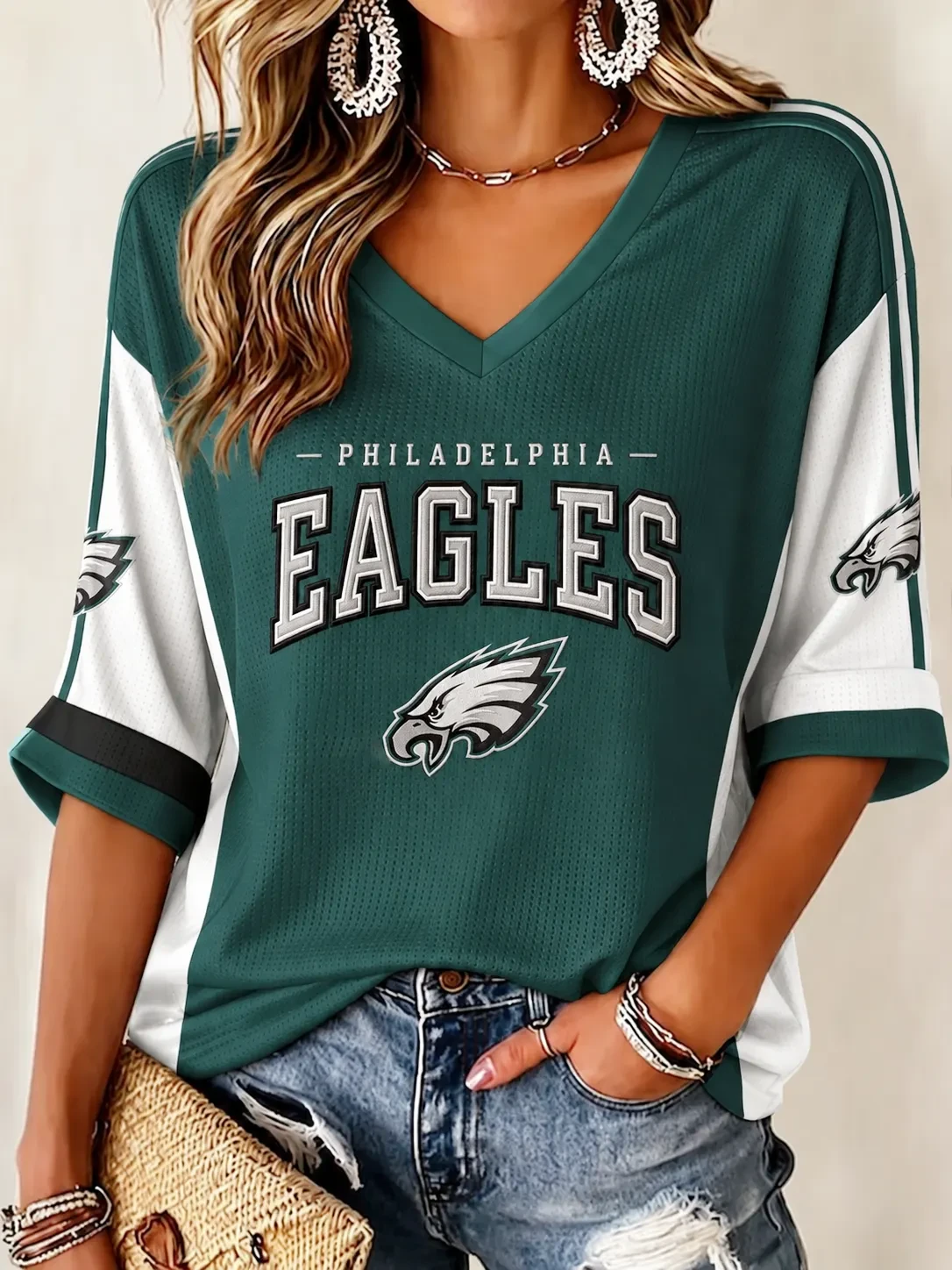 Philadelphia Eagles Football Crop Sleeve V-Neck Shirt Eagles Merch Game Day Outfit Gifts for Her Philadelphia Eagles Football Crop Sleeve V-Neck Shirt Eagles Merch Game Day Outfit Gifts for Her