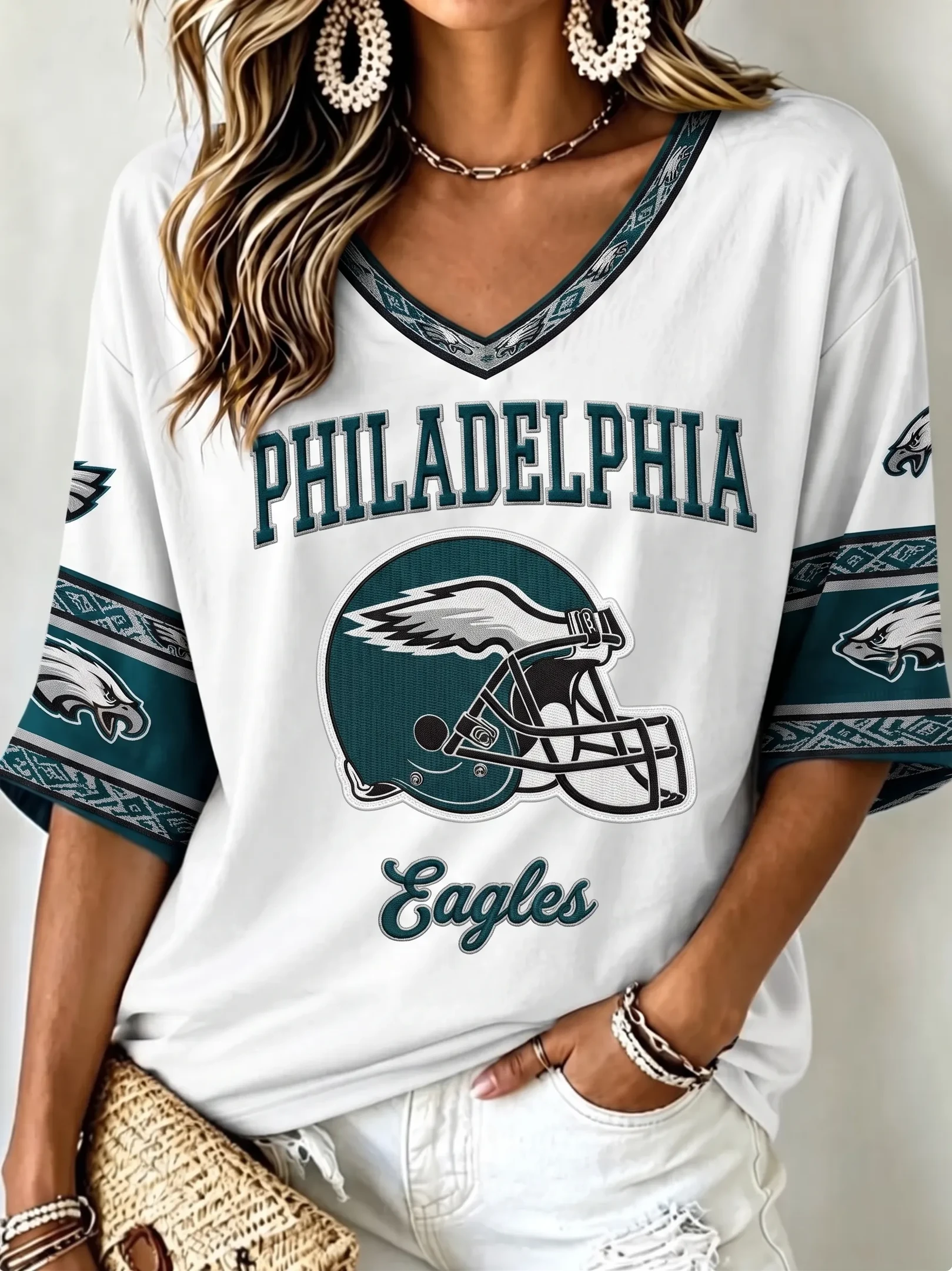 Philadelphia Eagles Football Crop Sleeve V-Neck T-Shirt Game Day Merch Gifts for Eagles Fans