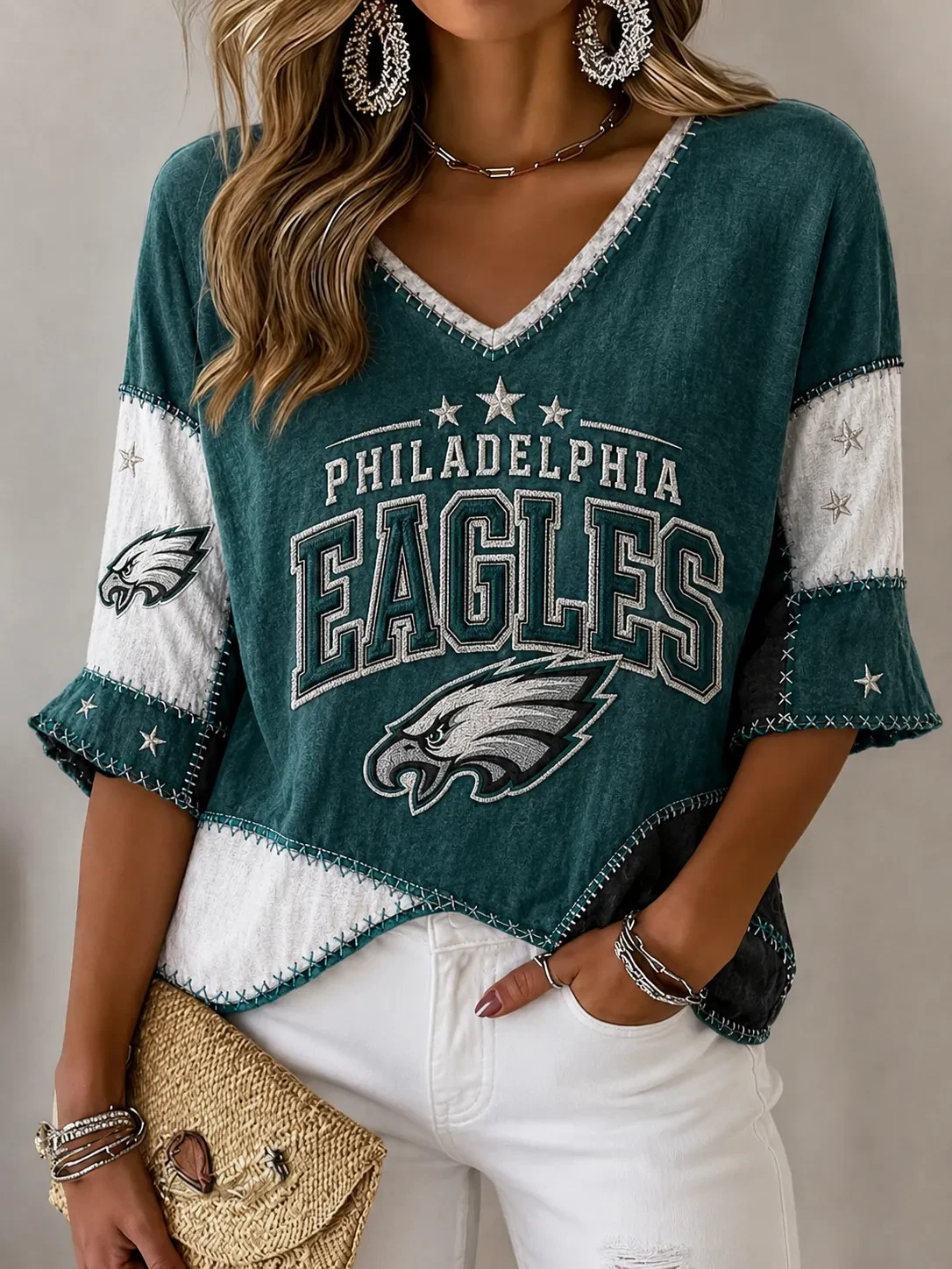 Philadelphia Eagles Football Game Day Crop Sleeve V-Neck T-Shirt Gifts For Eagles Fans
