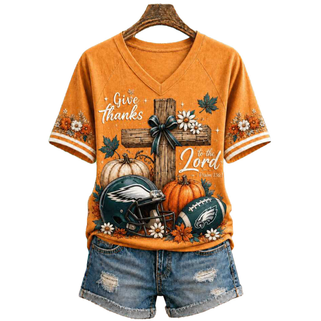 Philadelphia Eagles Football Pumpkin Cross Give Thanks V-Neck Shirt Eagles Merch Fan Gifts