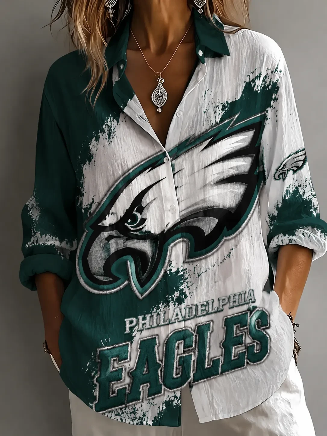 Philadelphia Eagles Long Sleeve Button Up Shirt Women's Game Day Outfits Philly Eagles Merch