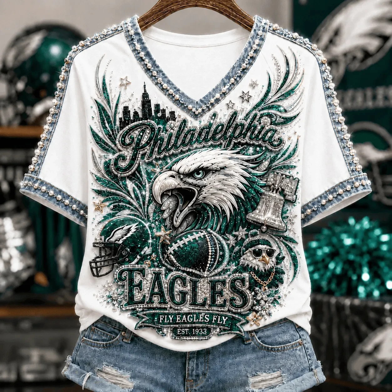 Philadelphia Eagles Merch Fly Eagles Fly Philadelphia Football Est 1933 V-Neck Shirt Fan Gear