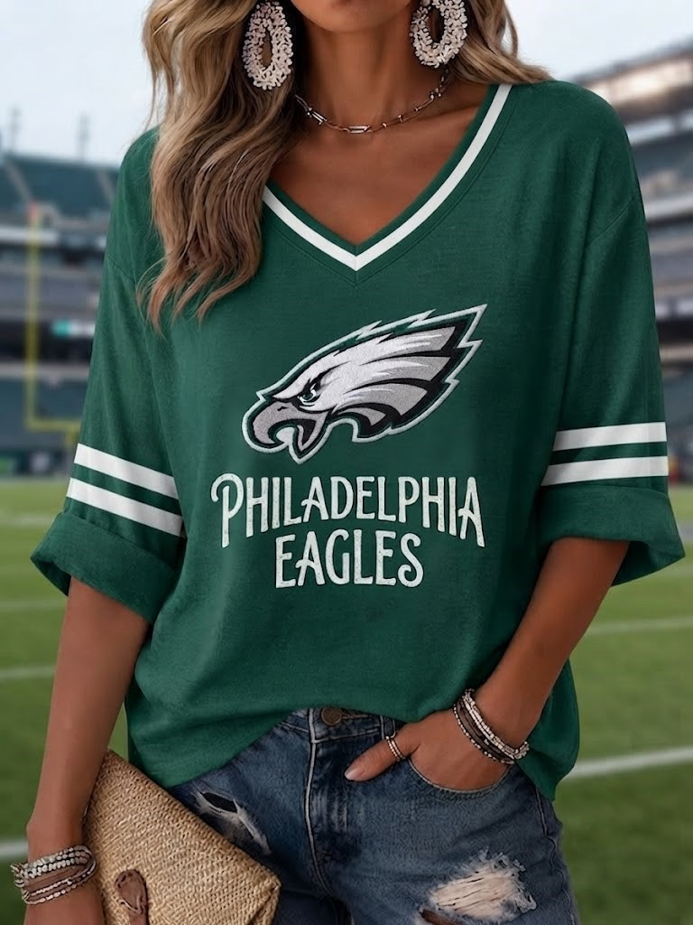 Philadelphia Eagles Merch Game Day Football Long Sleeve V-Neck Shirt Gifts for Women