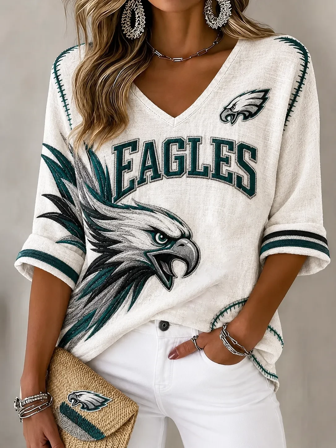 Philadelphia Eagles Merch Game Day Long Sleeve V-Neck T-Shirt Gifts for Football Lovers