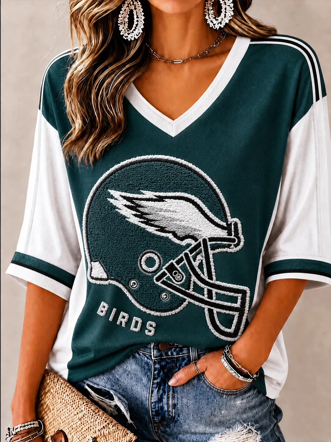 Philadelphia Eagles Merch Philadelphia Football Crop Sleeve V-Neck T-Shirt Game Day Gear Gifts