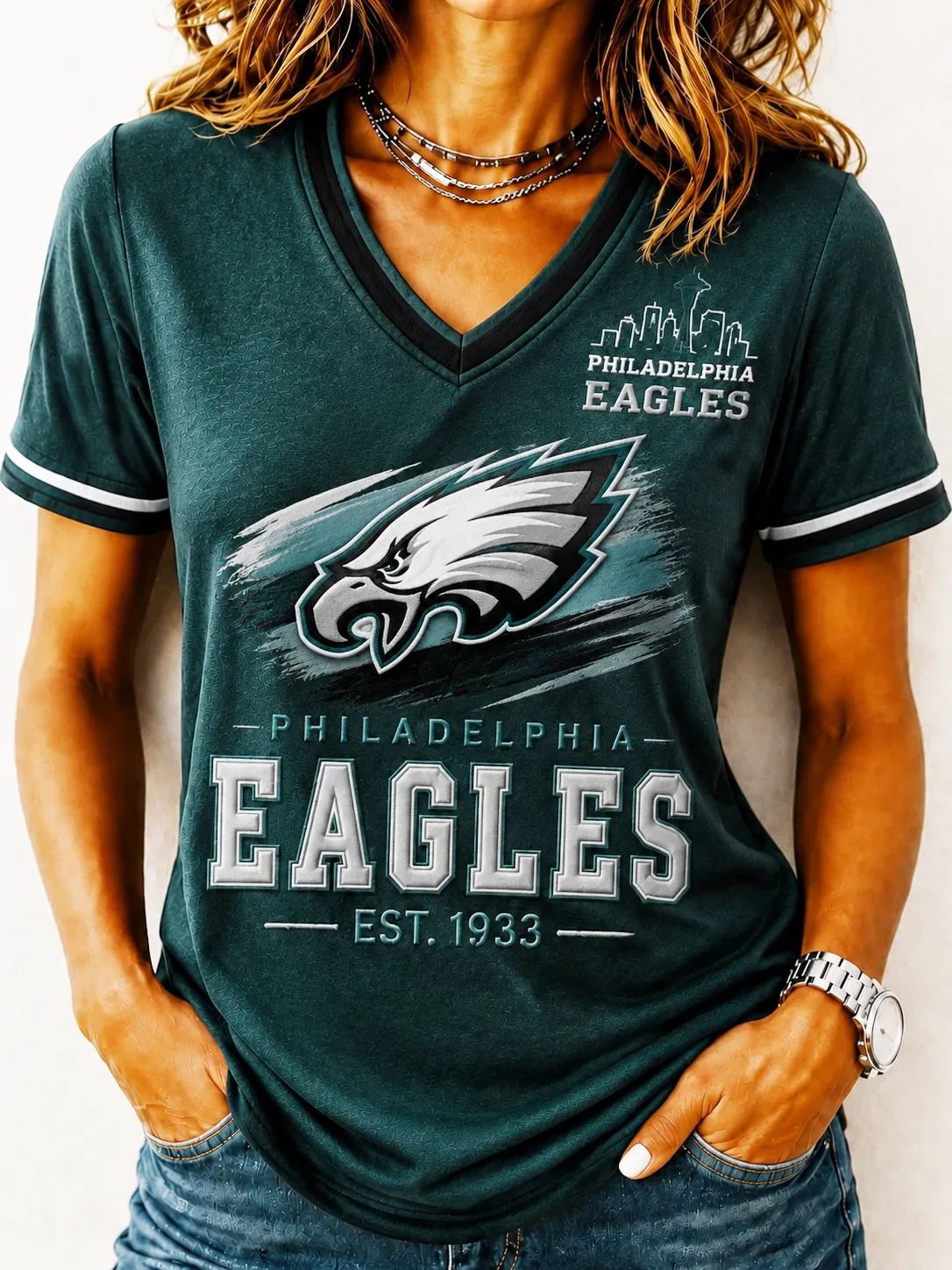 Philadelphia Eagles Merch Philadelphia Football Est 1933 V-Neck T-Shirt Game Day Presents