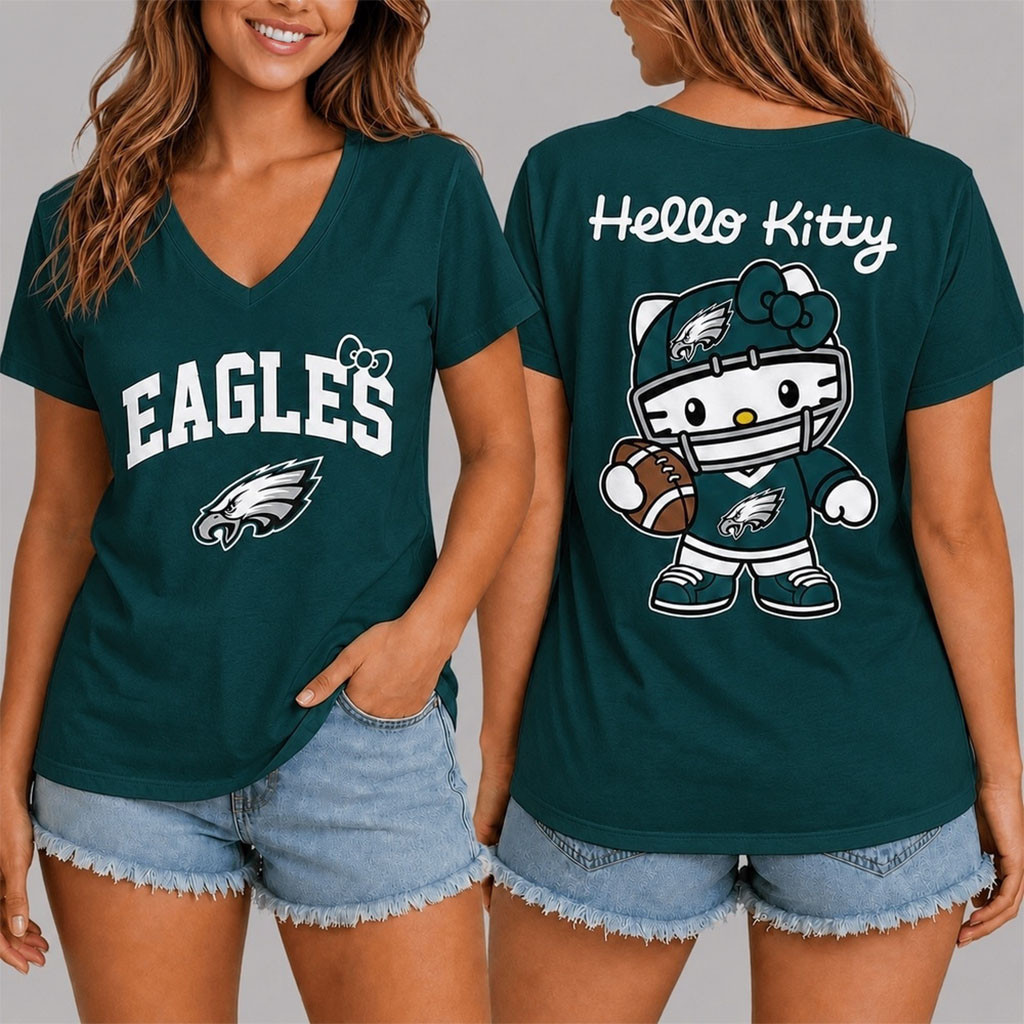 Philadelphia Eagles X Hello Kitty V-Neck Shirt Game Day Shirts Philadelphia Eagles Merch Womens