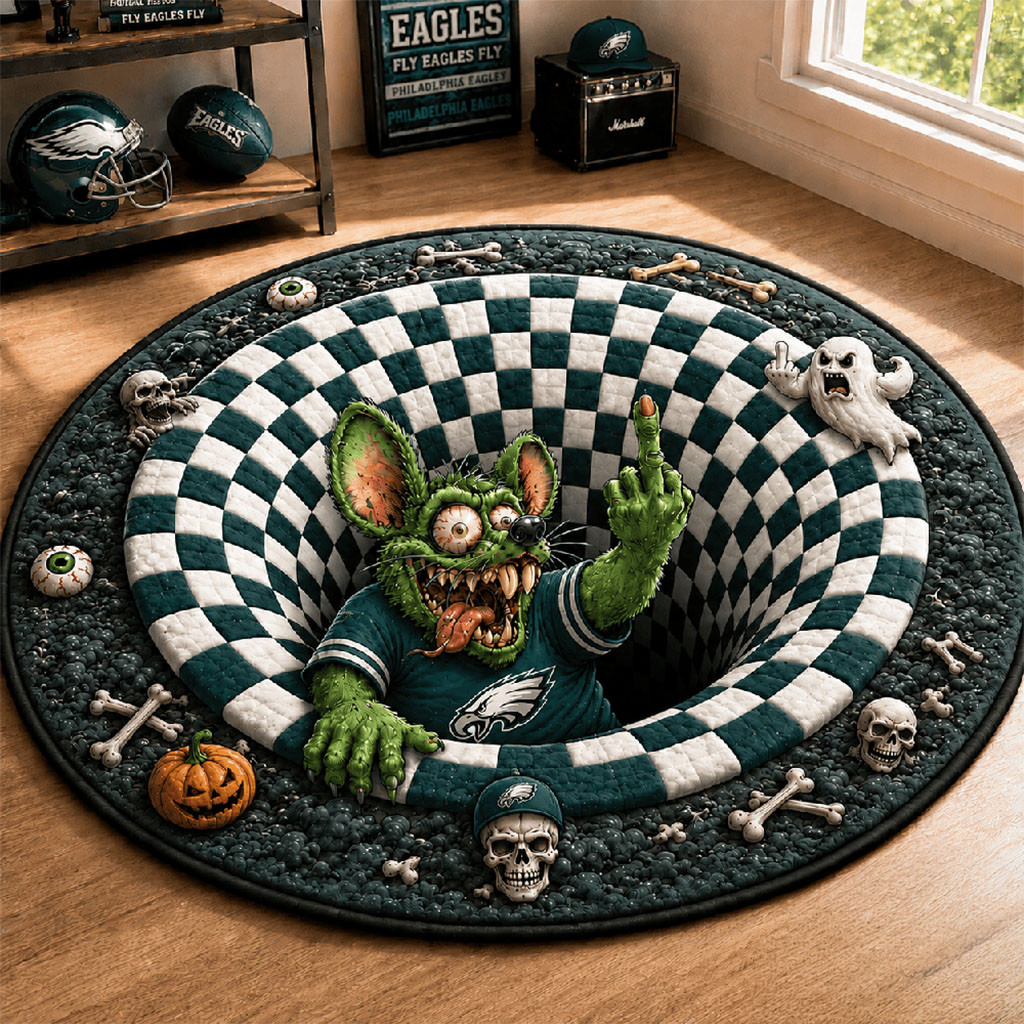 Philadelphia Eagles X Rat Fink 2026 Halloween Quilted Round Mat Philly Eagles Merch Home Decor