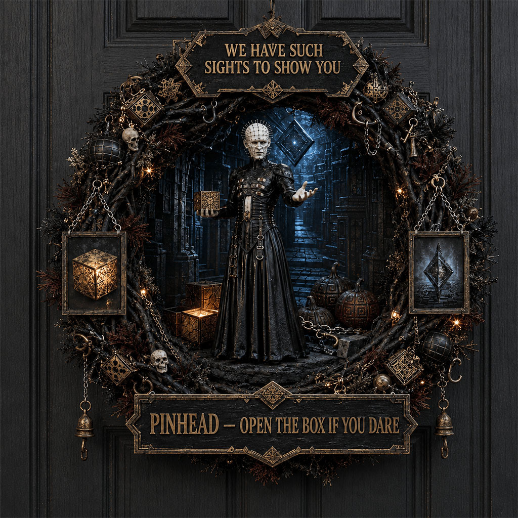 Pinhead Open The Box If You Dear Door Sign We Have Such Sights To Show You Wreath Halloween Gift