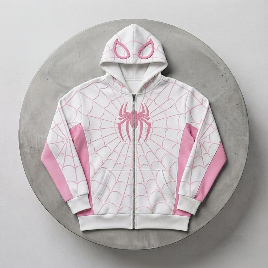 Pink White Spider Web Graphic Zip Hoodie Superhero Cosplay Spider Man 2026 Gifts For BFF Pink White Spider Web Graphic Zip Hoodie Superhero Cosplay Spider Man 2026 Gifts For BFF
