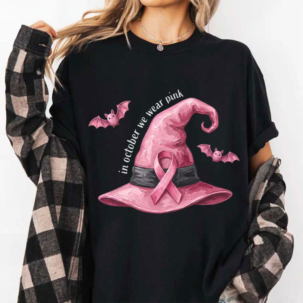 Pink Witch Hat Breast Cancer Awareness T-Shirt In October We Wear Pink Shirt Halloween Gift