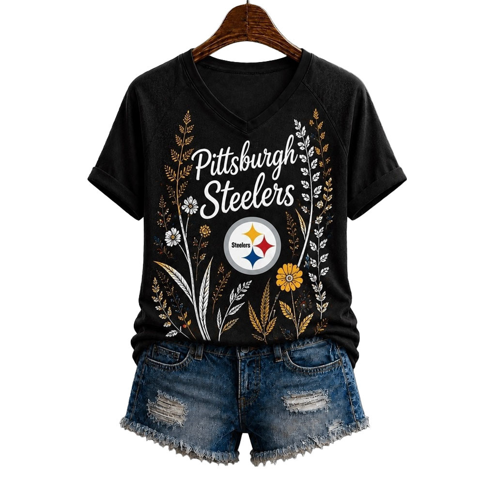 Pittsburgh Steelers Floral Garden V-Neck T-Shirt Steelers Merch Football Fan Gifts