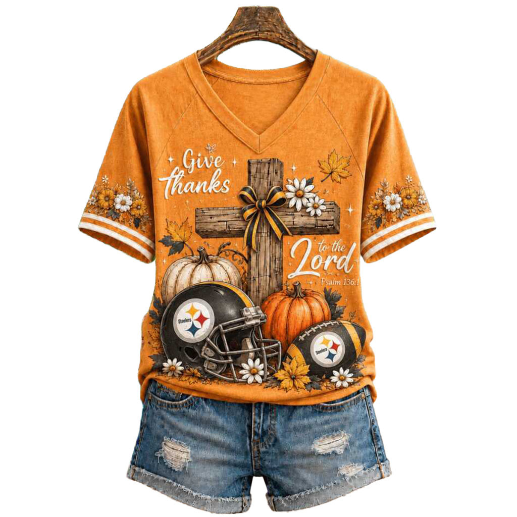 Pittsburgh Steelers Football Cross Pumpkin Autumn Give Thanks V-Neck Shirt Steelers Merch