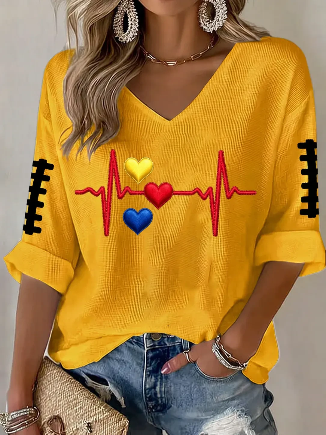 Pittsburgh Steelers Merch Heartbeat Pittsburgh Football Long Sleeves V-Neck T-Shirt Fan Gifts