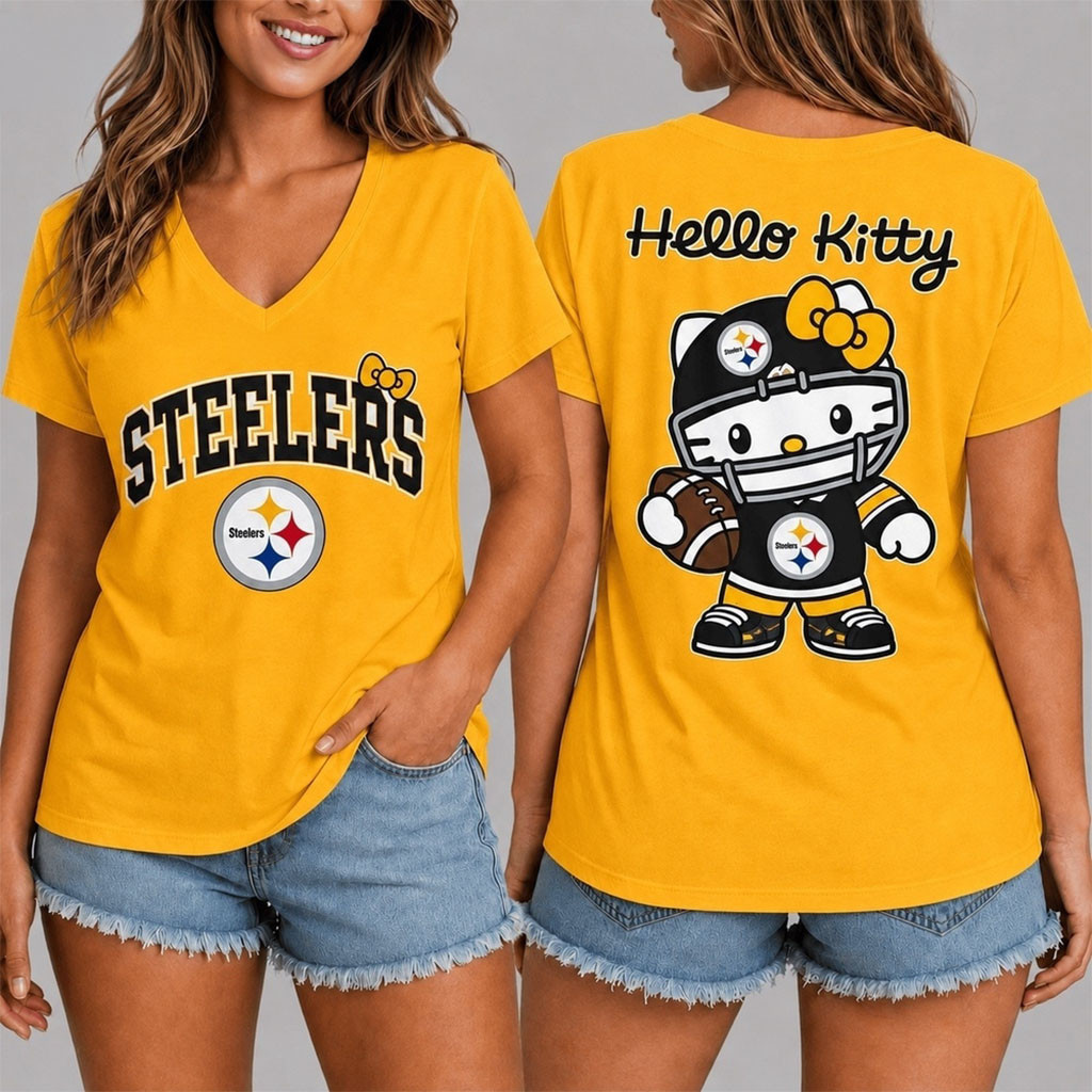 Pittsburgh Steelers X Hello Kitty V-Neck Shirt Pittsburgh Steelers Merch Gift For Football Fans
