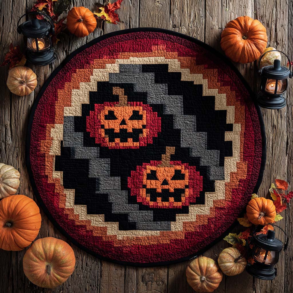 Pixel Pumpkin Duo Quilted Round Mat Halloween Decor On House New House Gift Idea Pixel Pumpkin Duo Quilted Round Mat Halloween Decor On House New House Gift Idea
