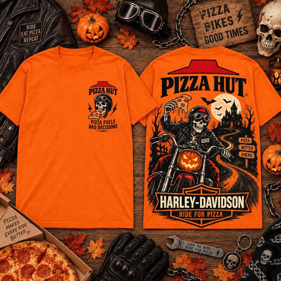 Pizza Hut X Harley Davidson Merch Biker Halloween Graphic T-Shirt Gift For Pizza Lovers