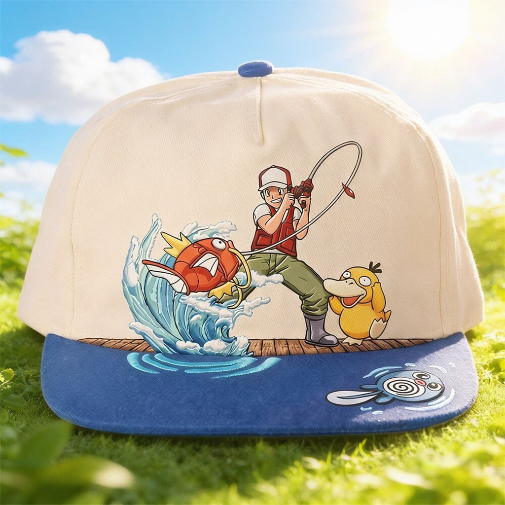 Pokemon Ash Ketchum Fishing Magikarp And Psyduck Snapback Hat Funny Anime Fishing Cap Fan Gifts Pokemon Ash Ketchum Fishing Magikarp And Psyduck Snapback Hat Funny Anime Fishing Cap Fan Gifts