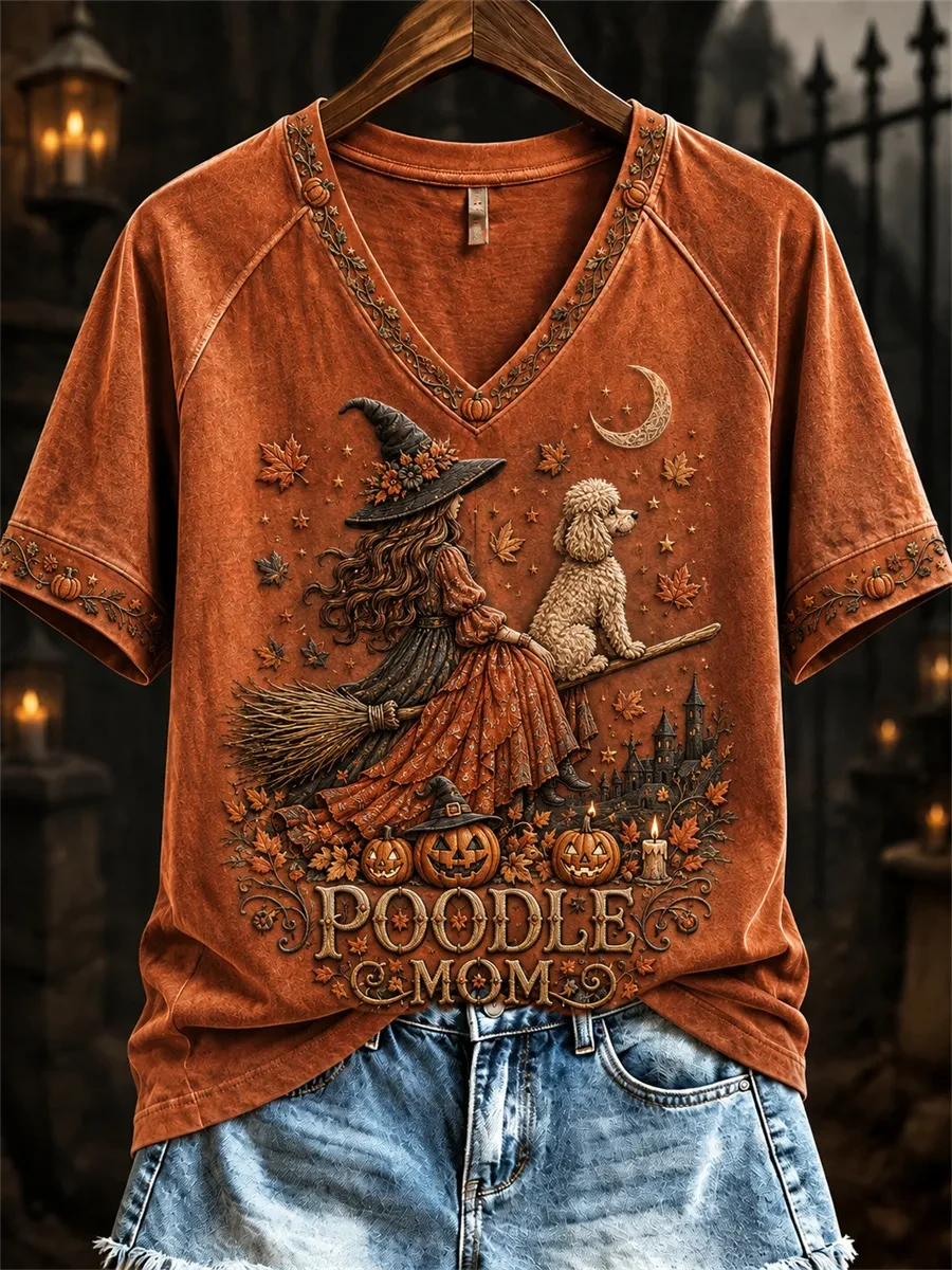 Poodle Mom Halloween V-Neck Shirt Witch Outfit For Women Gifts For Poodle Lovers