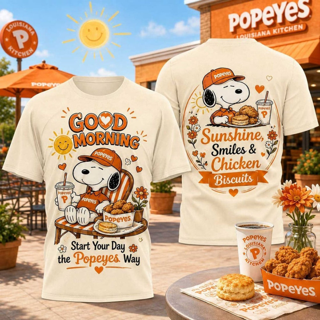 Popeyes Snoopy Sunshine Smiles Chicken Biscuits T-Shirt Gift For Fans of Fun Brunch Vibes Popeyes Snoopy Sunshine Smiles Chicken Biscuits T-Shirt Gift For Fans of Fun Brunch Vibes