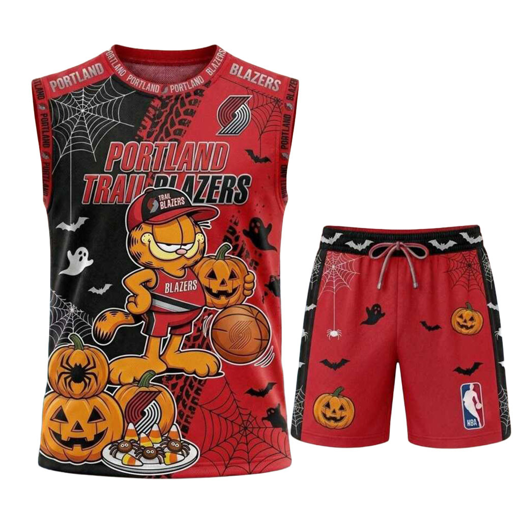 Portland Trail Blazers Garfield Halloween Basketball Muscle Tank And Shorts Blazers Merch Gifts